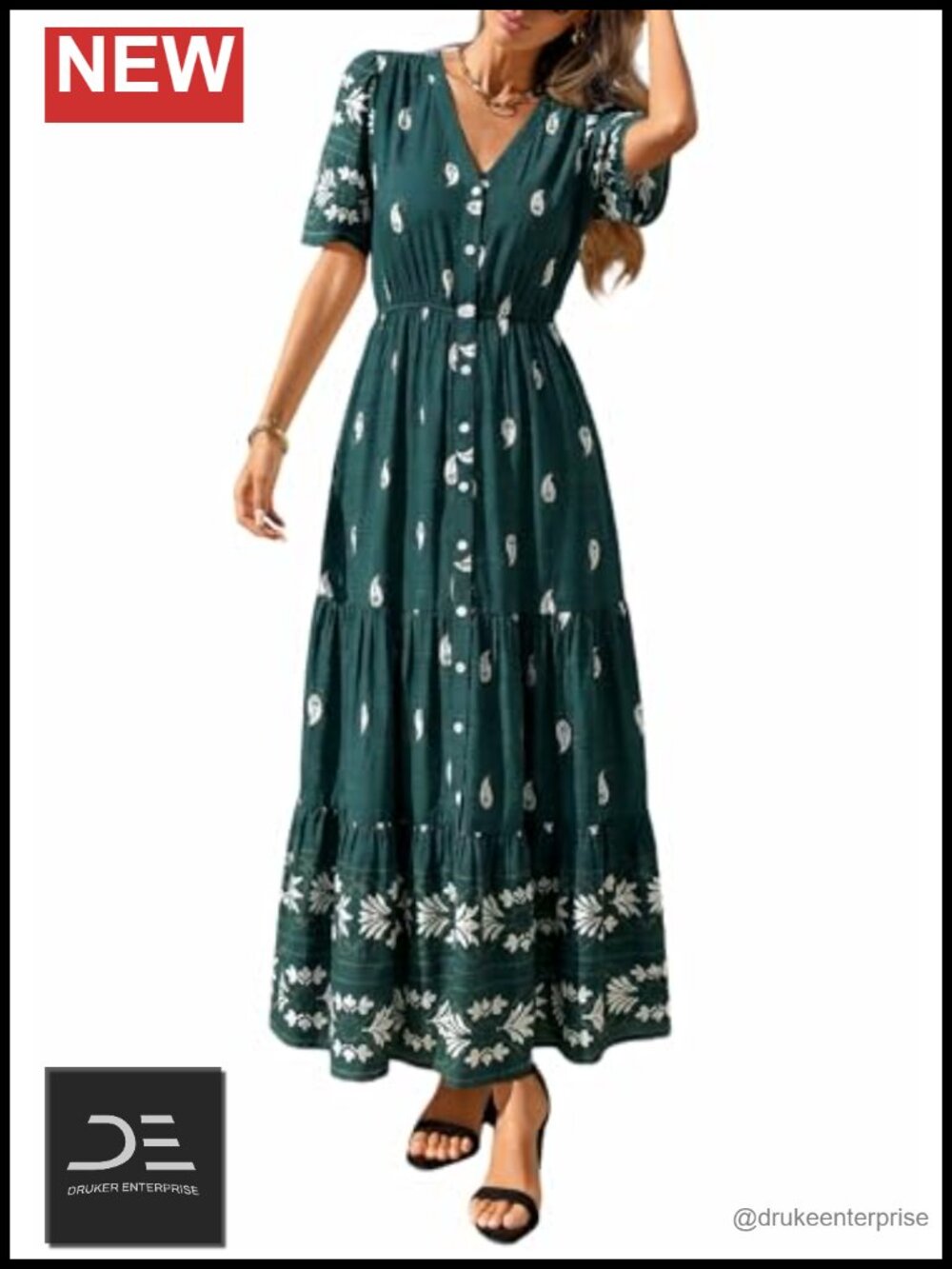Womens Short Sleeve Boho Maxi Dress V Neck Flowy A Line Tiered Summer Beach
